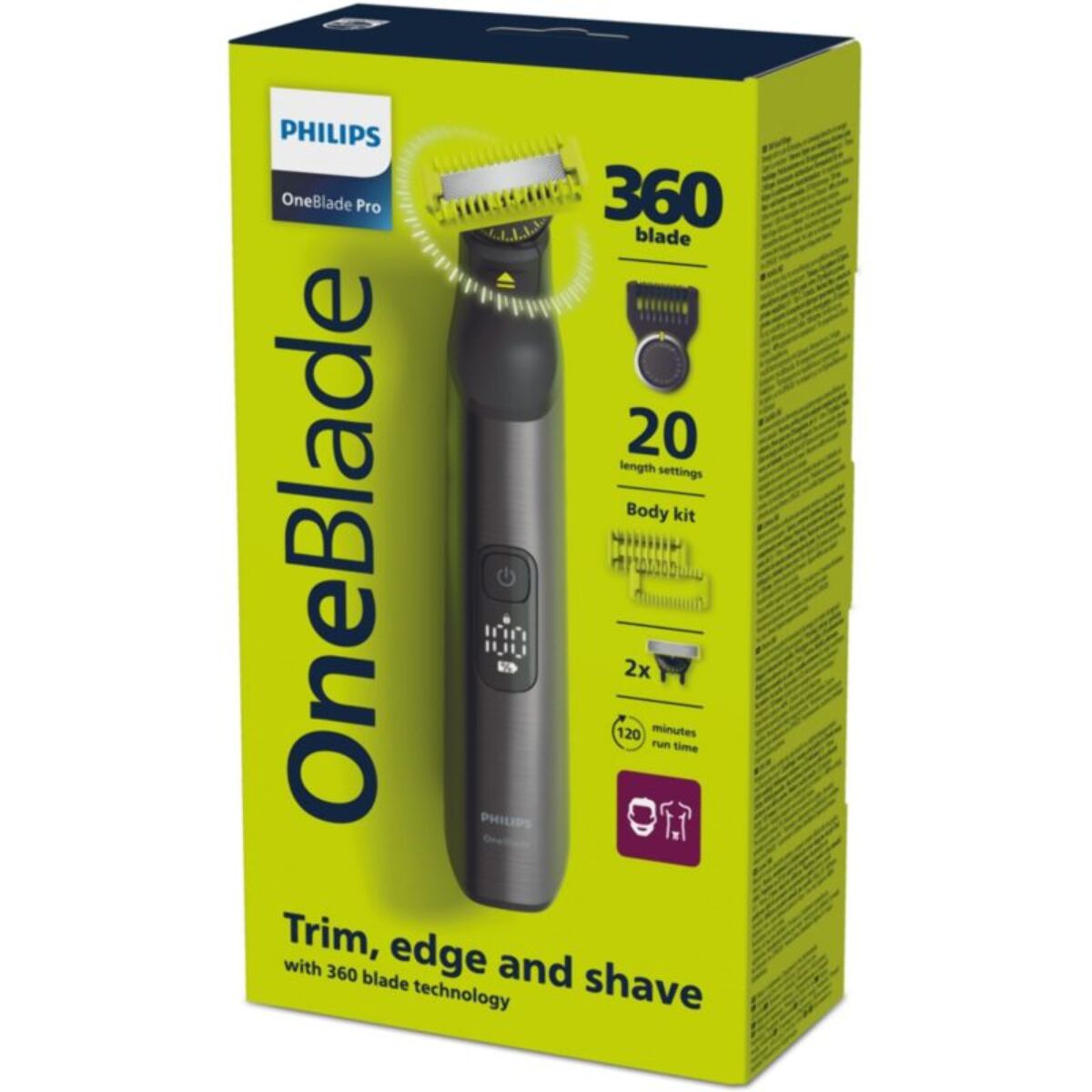 Tondeuse multi usages PHILIPS OneBlade Pro 360 QP6552/15, molette réglable, 14 hauteurs de coupe, précision 0,4 mm, 120 mn