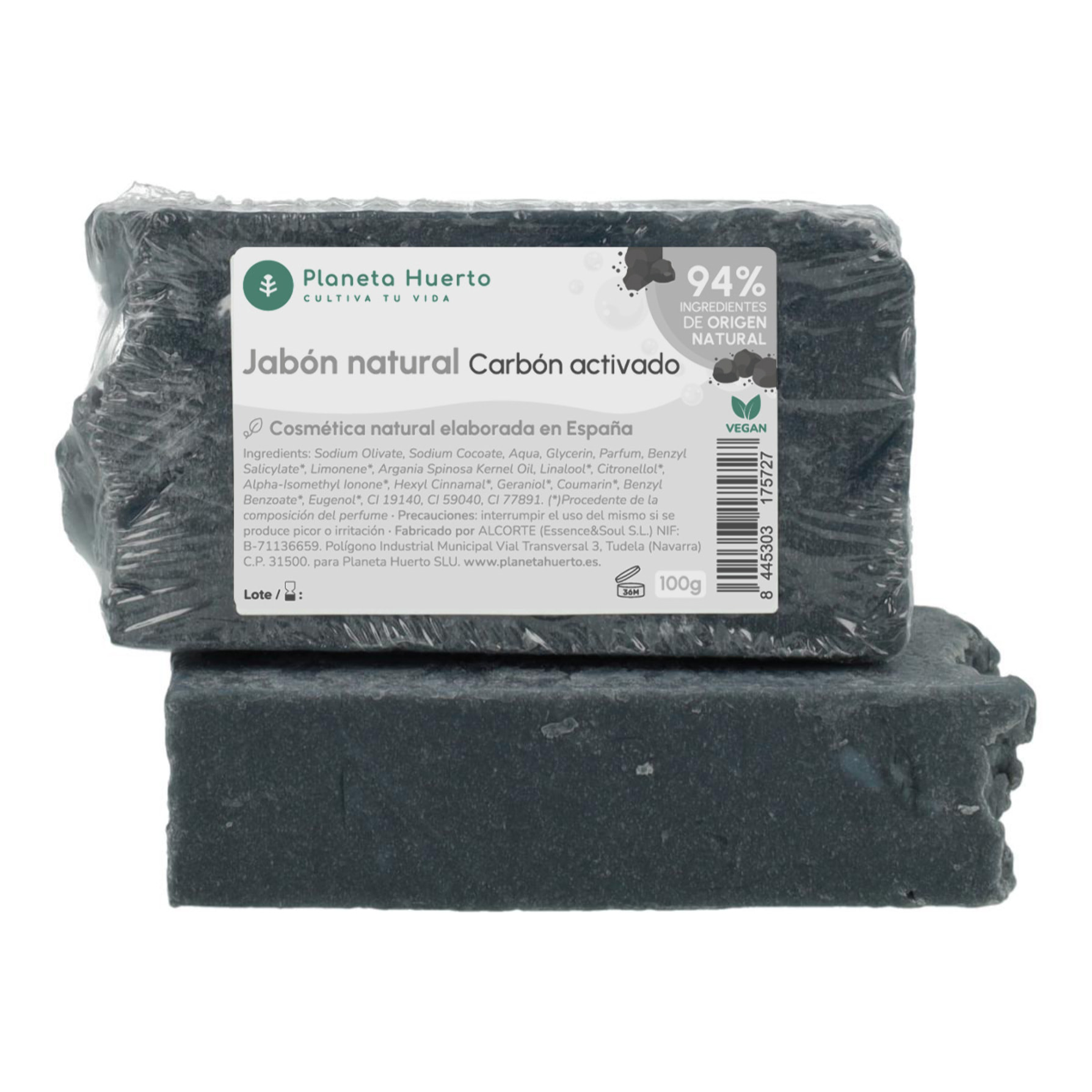PLANETA HUERTO | Jabón Natural de Aceite de Oliva y Carbón Activado 100 g | Purificante y Detox | Limpieza Profunda