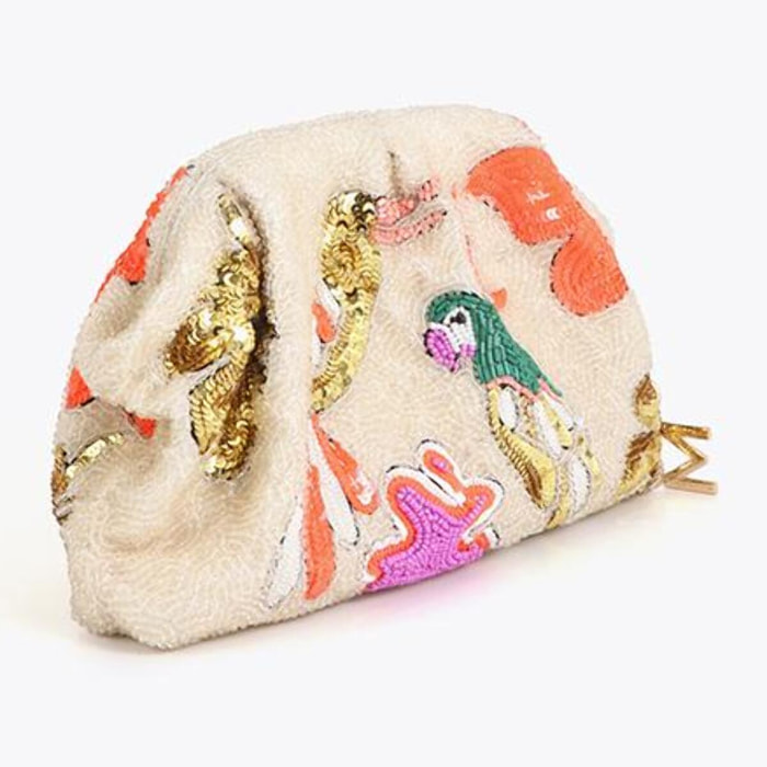 Borsa a mano con strass a forma di pappagallo