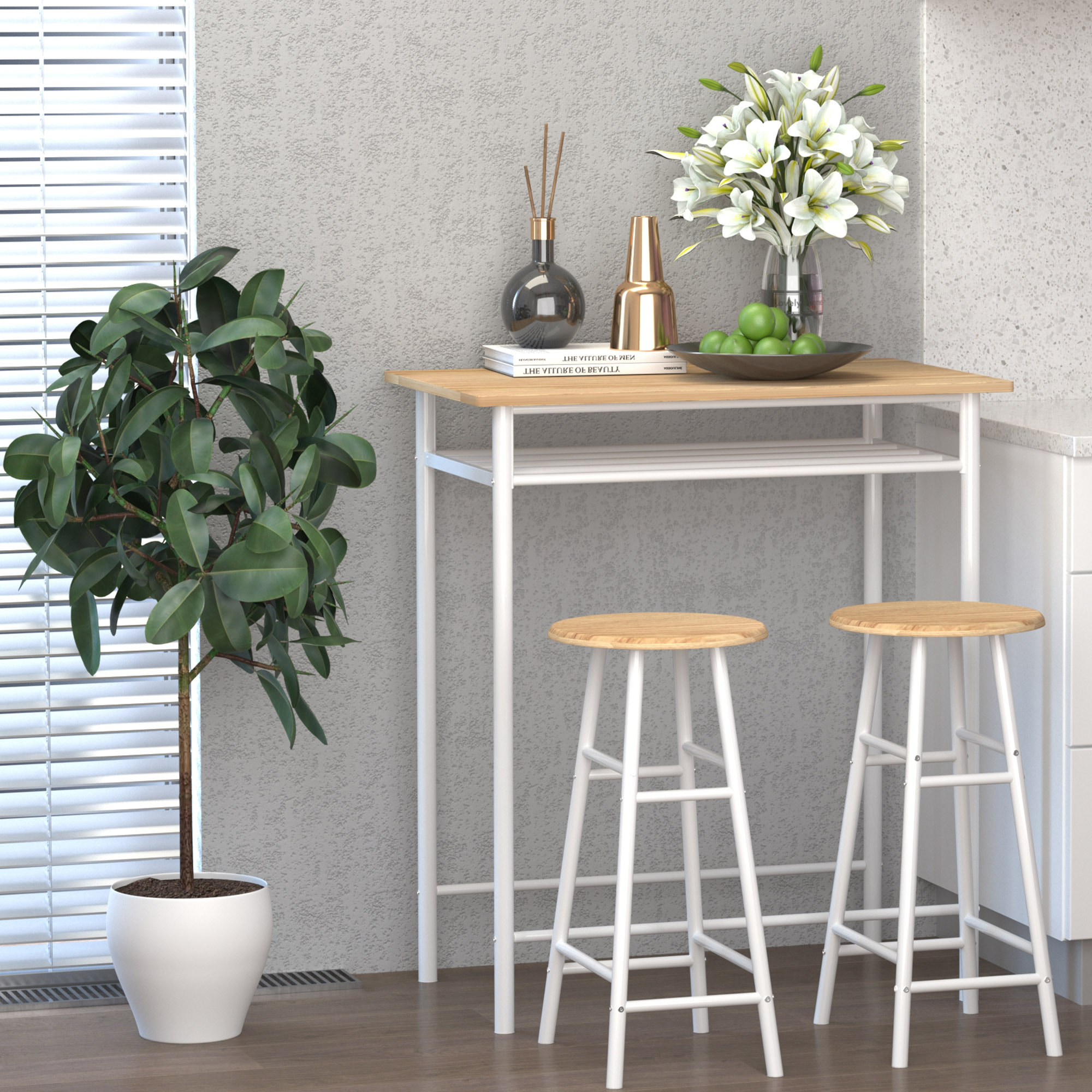 Ensemble table de bar 2 tabourets avec étagère à barreaux métal blanc effet bois clair
