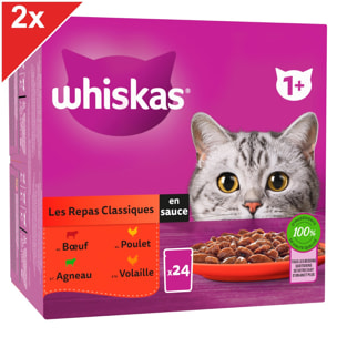 WHISKAS 48 Sachets fraîcheur en sauce 4 variétés classiques pour chat 85g (2x24)