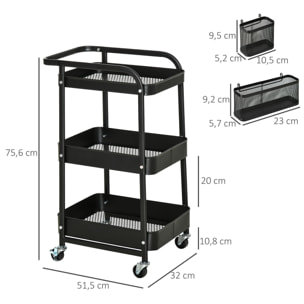 Desserte chariot de rangement en métal à roulettes 3 niveaux avec 2 range-couverts 4 crochets dim.51,5L x 32l x 75,6H cm - noir