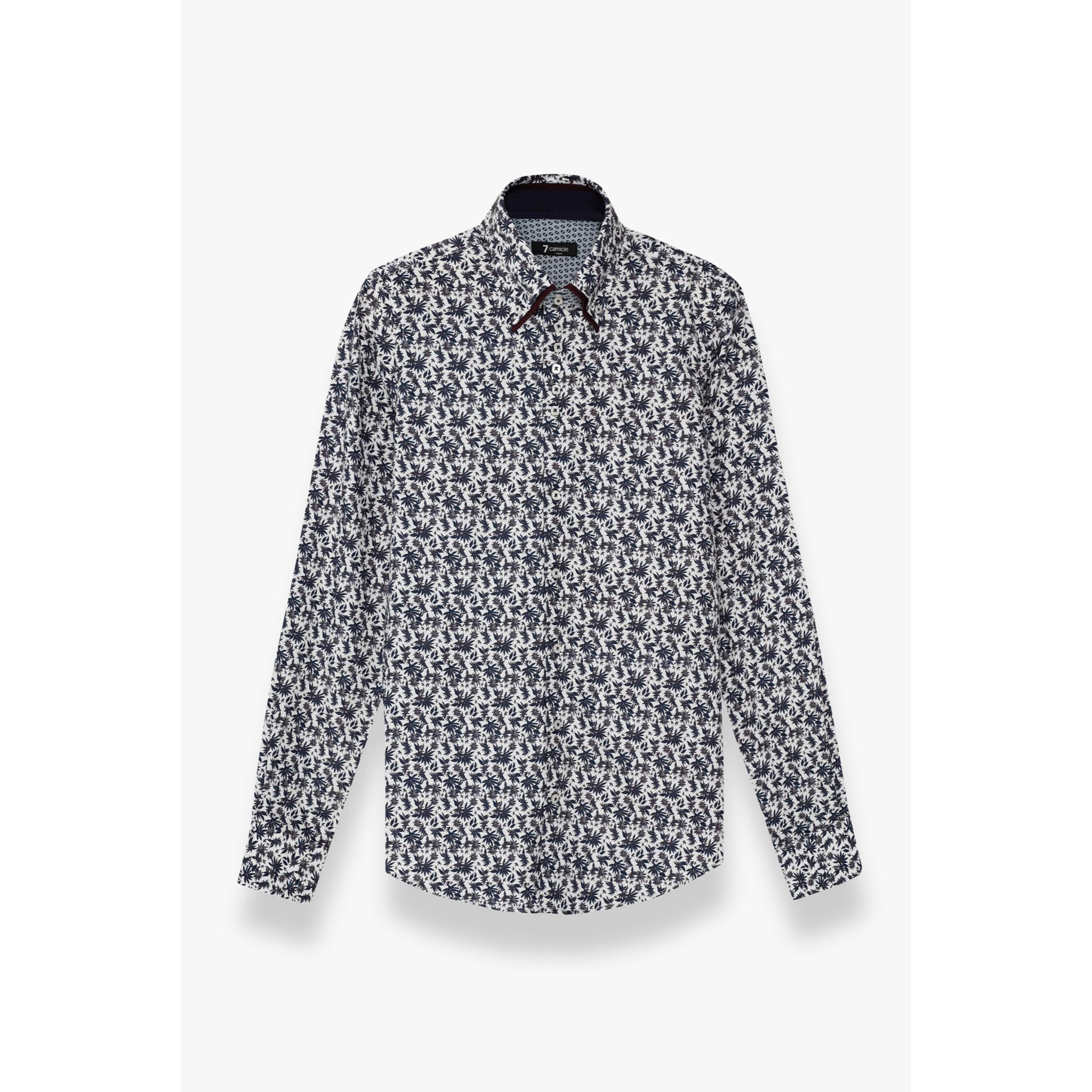 Camicia Uomo 2 Bottoni Button Down 7bottoni Doppio Coll Popeline Stampato Bianco e Blu