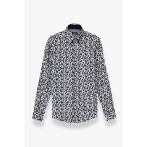 Camicia Uomo 2 Bottoni Button Down 7bottoni Doppio Coll Popeline Stampato Bianco e Blu