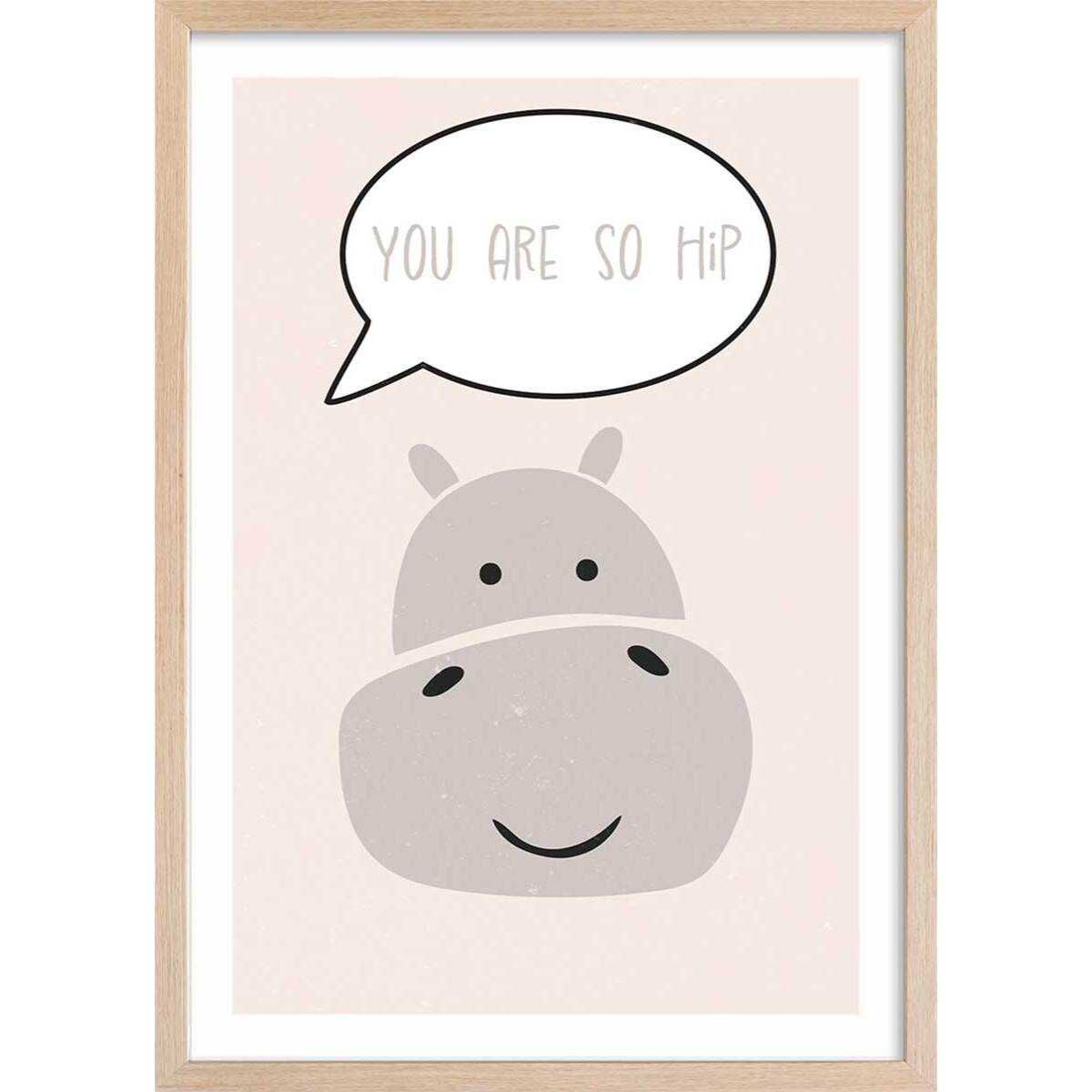 Affiche enfant hippo Affiche + cadre en bois - Chêne