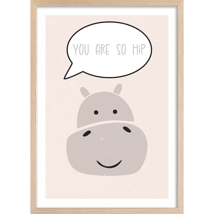 Affiche enfant hippo Affiche + cadre en bois - Chêne