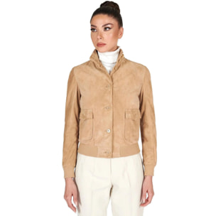 Bomber in pelle camoscio beige con bottoni