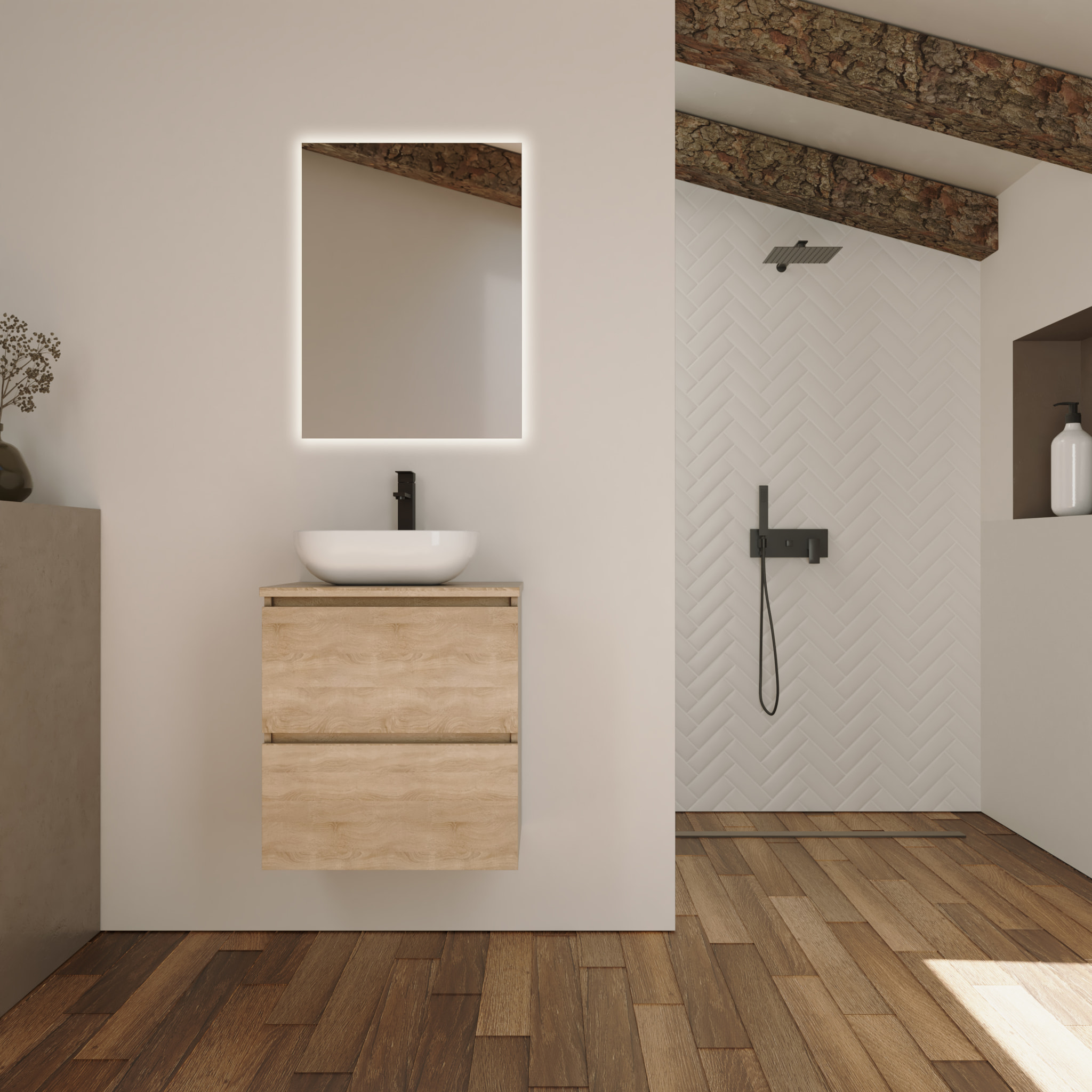 Conjunto de Baño Kaji | Mueble de Baño Suspendido | 60 cm Bardolino| Dos Cajones | Lavabo Ovalado sobre Encimera | No incluye Espejo | Alday