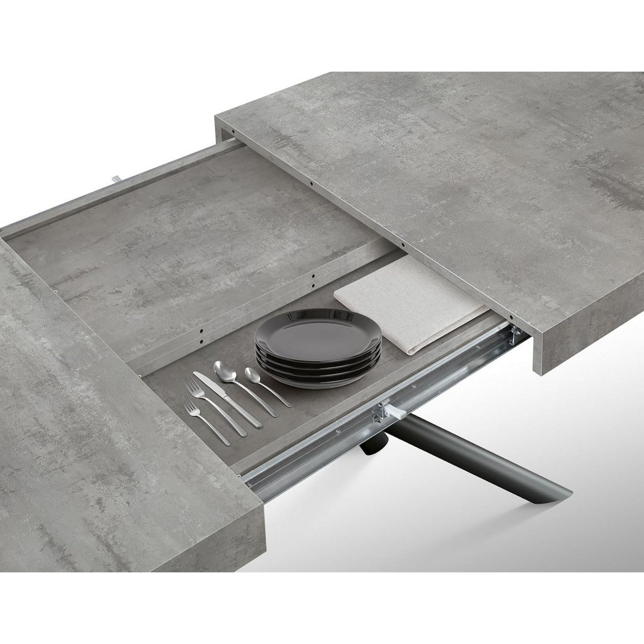 Tavolo CARRARA in legno, finitura grigio cemento e base in metallo verniciato antracite, allungabile 140x90 cm - 220x90 cm