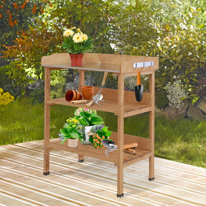 Mesa de Plantación de Madera de 3 Niveles Mesa de Jardinería con Placa Metálica 2 Estantes y Ganchos Resistente a la Intemperie para Jardín Terraza Balcón 76x37x89 cm Natural