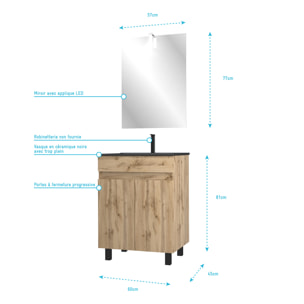 Meuble salle de bain 60x80 - Finition chene naturel + vasque noire + miroir Led - TIMBER 60 - Pack19