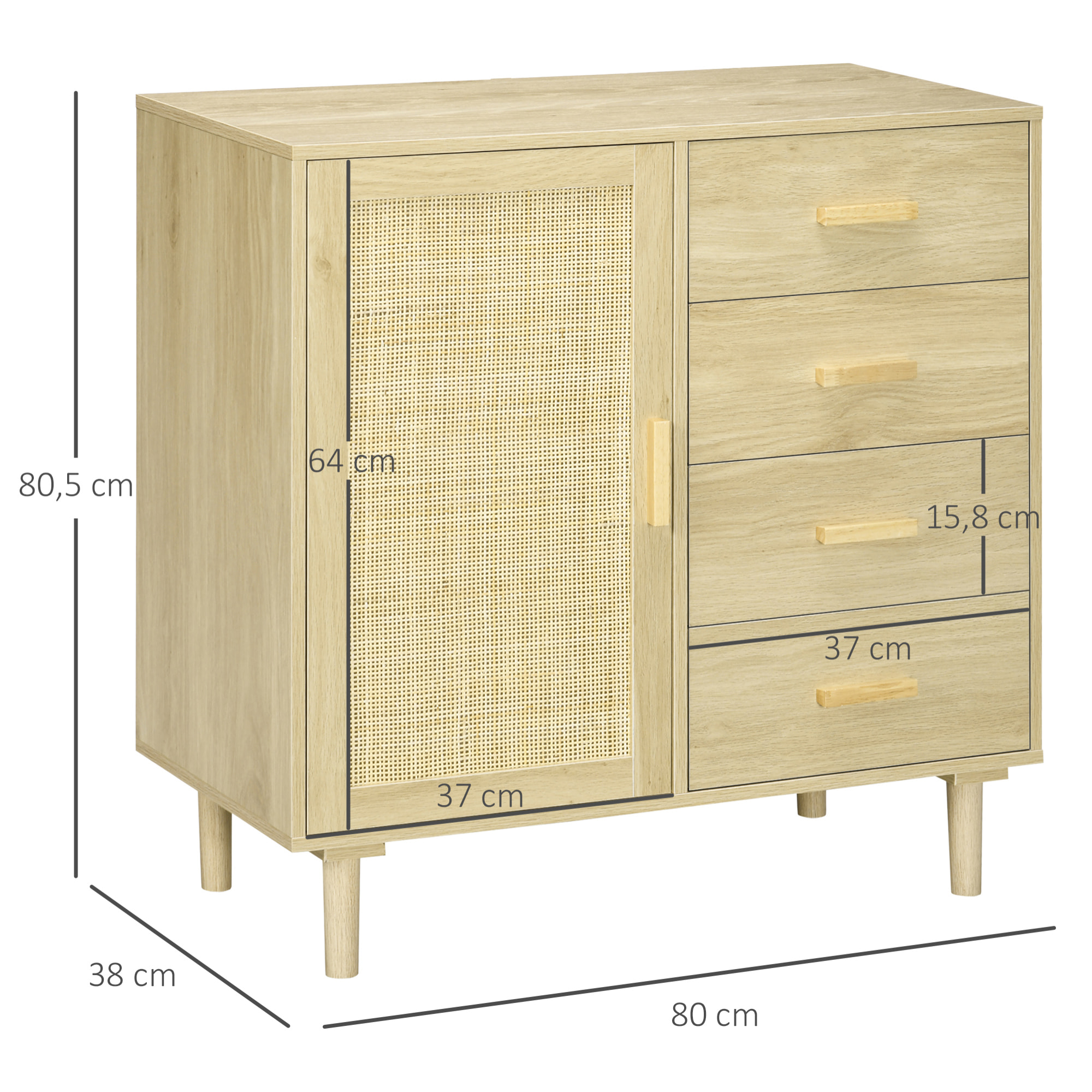 Aparador de Salón Estilo Boho Buffet de Cocina con Puerta de Ratán 4 Cajones y Patas de Madera de Pino para Pasillo Entrada 80x38x80,5 cm Natural