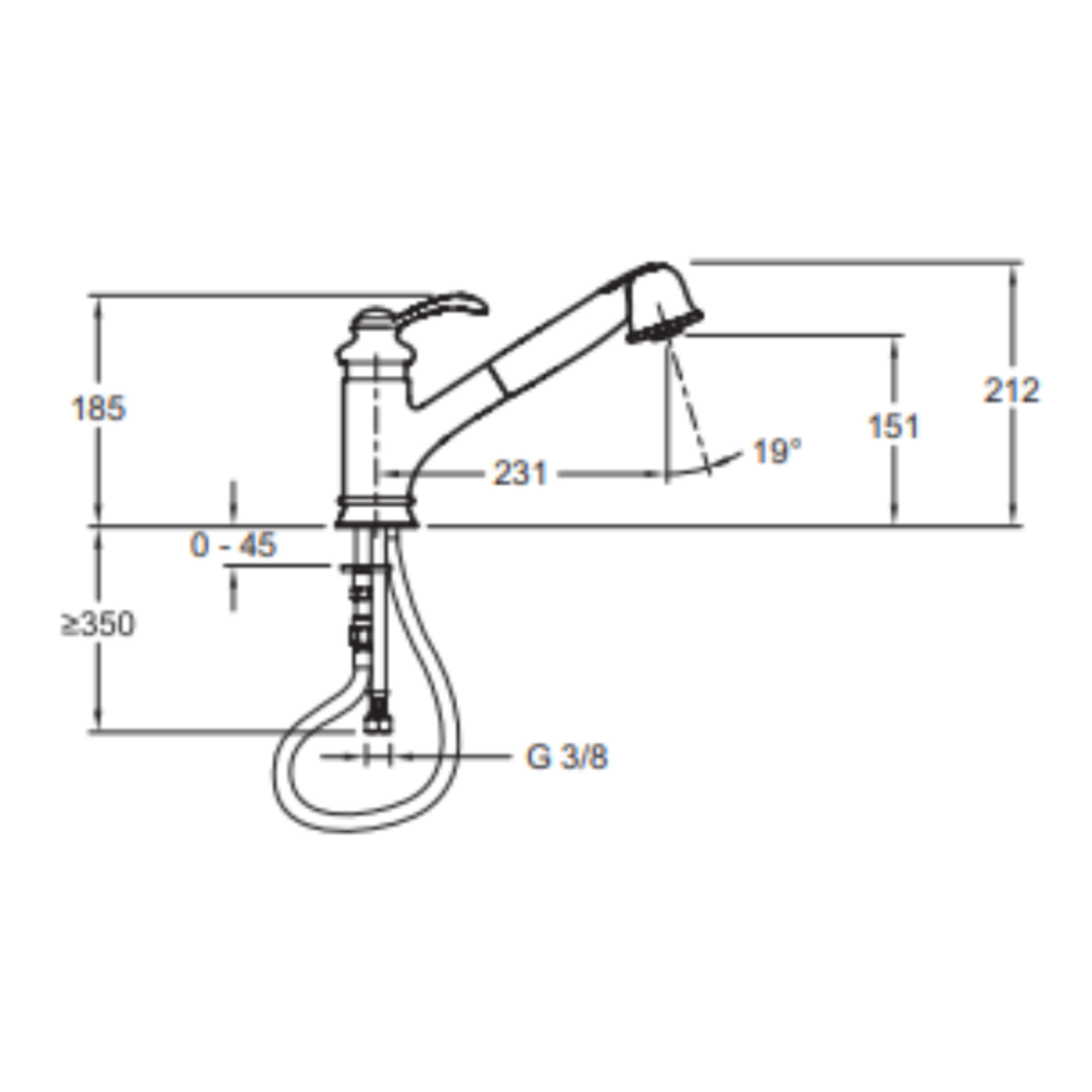 Robinet cuisine bas avec douchette extractible   Fairfax chrome