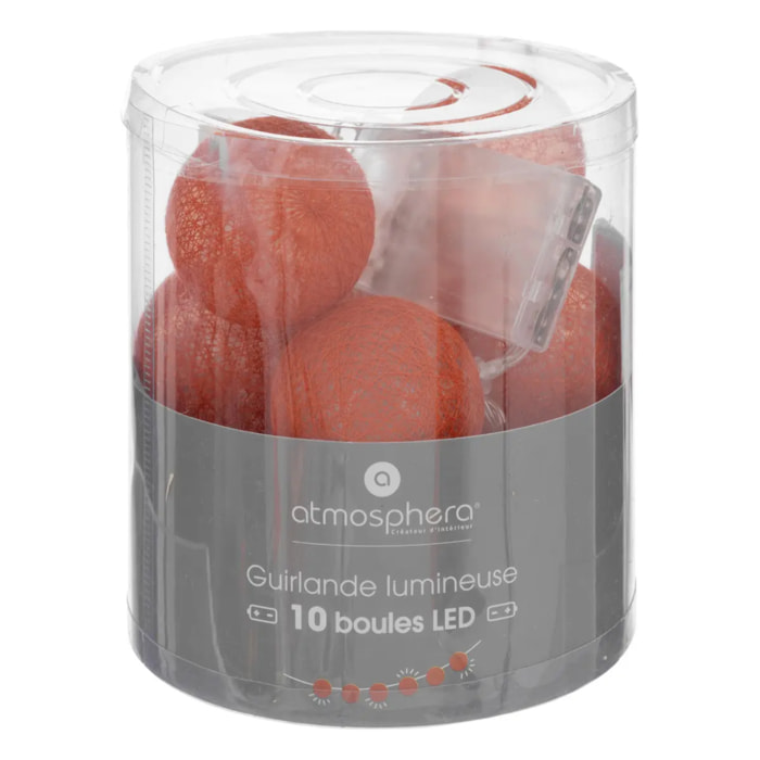 Guirlande LED à pile - 10 boules - coton et cuivre - rose terracotta - D6 cm