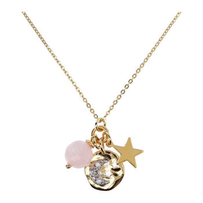 Collana Catena Rolo e Multipendente Martellato con Luna Pavé e Quarzo Rosa