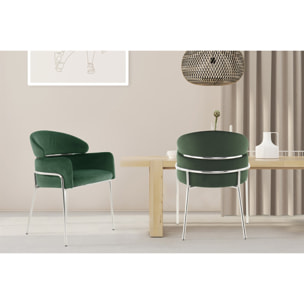 Sedia di design Elva in velluto verde e metallo argento