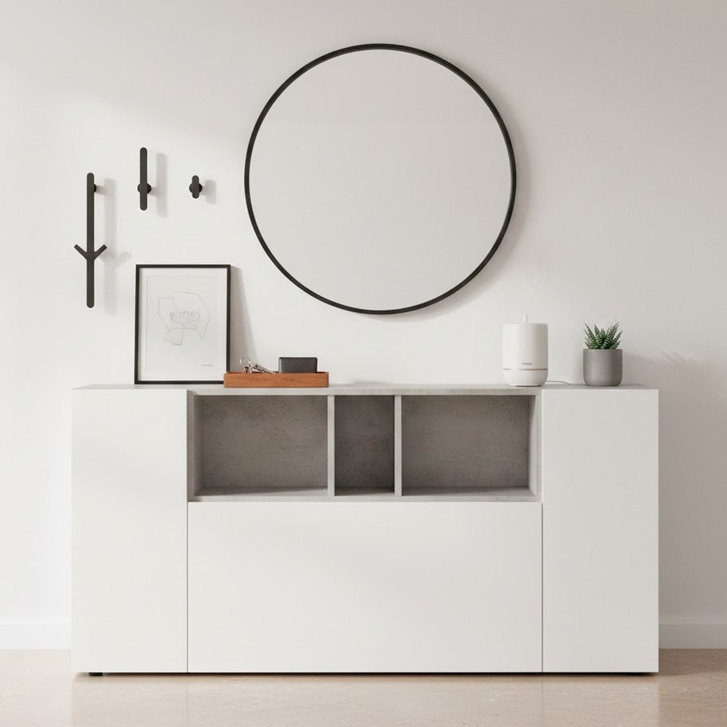 Credenza Moderna Madia A 3 Ante Con Vani a Giorno Mobile Contenitore Salvaspazio Da Terra Ripiani Regolabili 150 x 41 x 76 Cm Bianco e Grigio Cemento