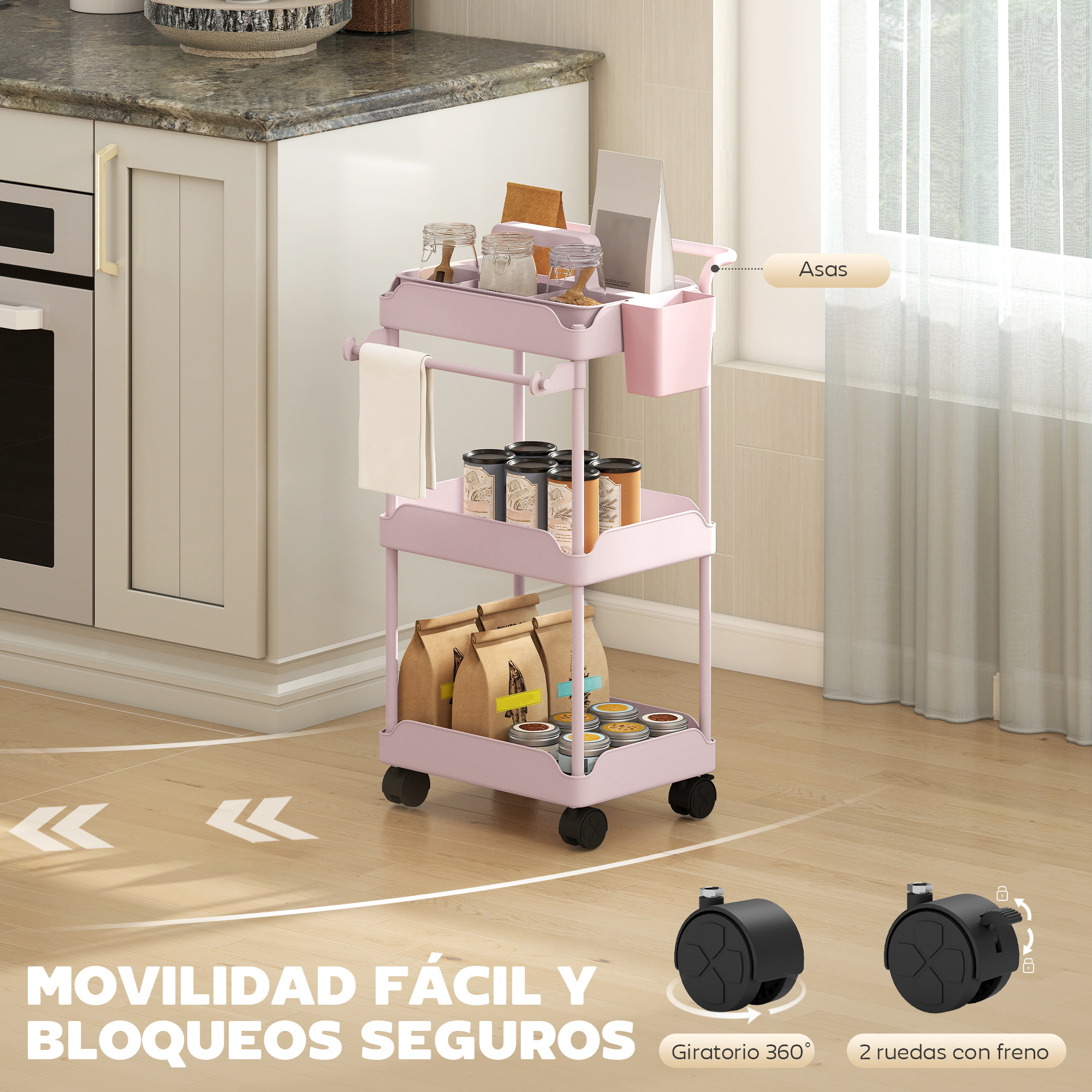 Carrito Auxiliar con Ruedas de 3 Niveles, Carrito de Cocina con Cestas Extraíbles, Ruedas con Freno, Soporte para Toallas y Marco de Metal, Carro de Servicio para Comedor, Salón, Baño, Rosa