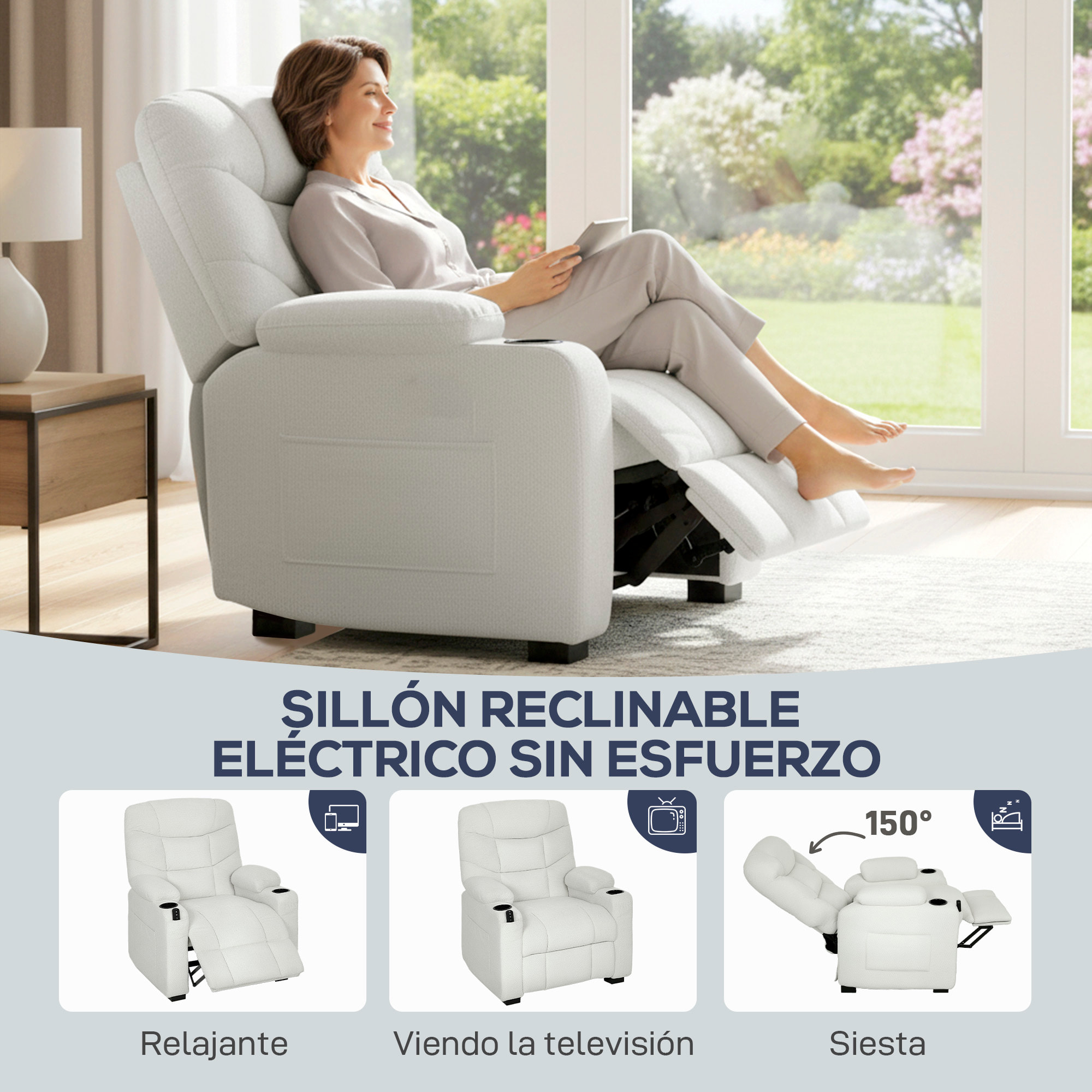 Sillón Relax Reclinable Eléctrico, Sillón Reclinable Silencioso con Función Memoria, Reposapiés, Mando a Distancia, Bolsillos Laterales, Portavasos y Puerto USB, para Dormitorio, Salón, Crema