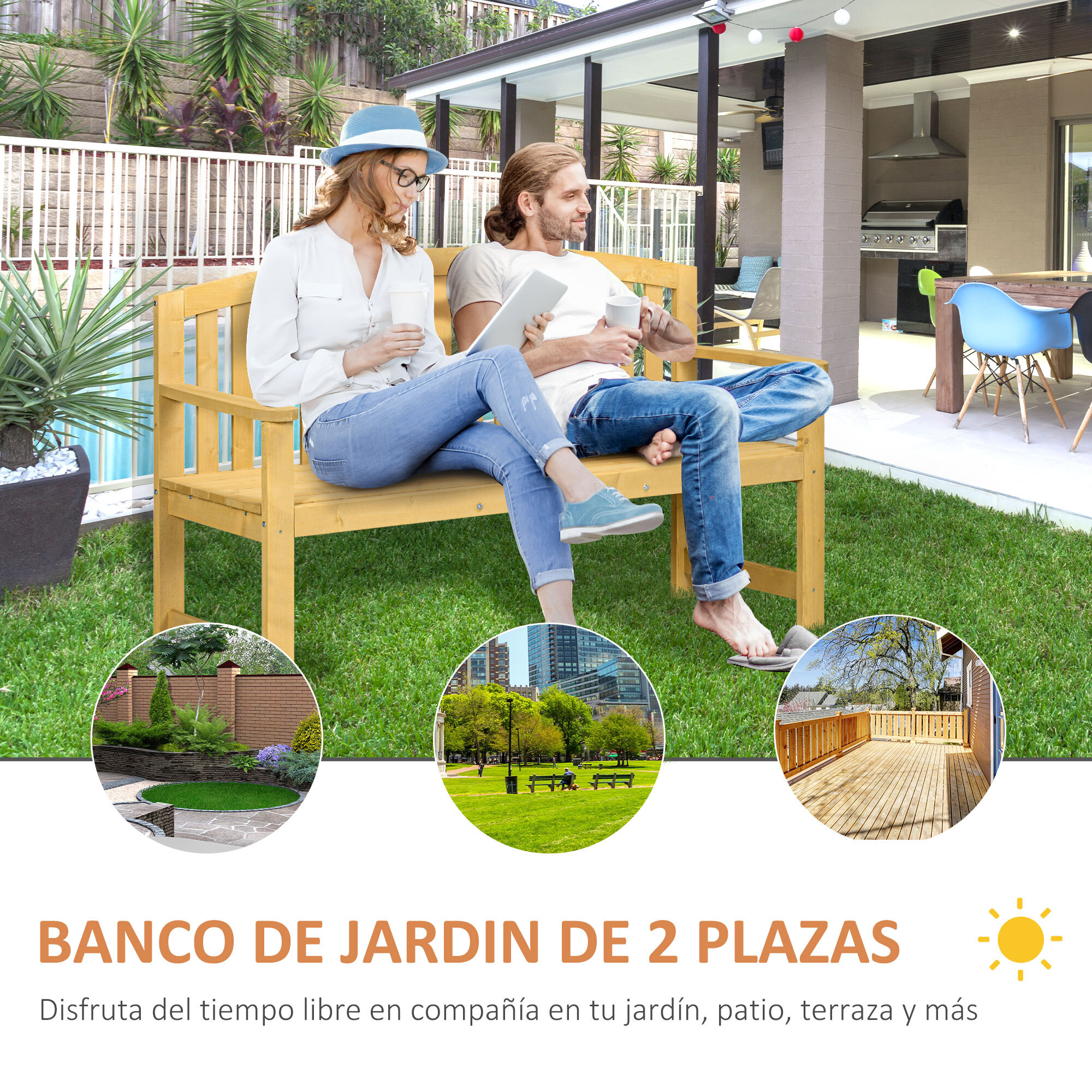 Banco de Jardín de 2 Plazas Banco Exterior de Listones de Madera con Respaldo y Reposabrazos para Terraza Balcón Patio Carga 240 kg 143x51x85 cm Natural