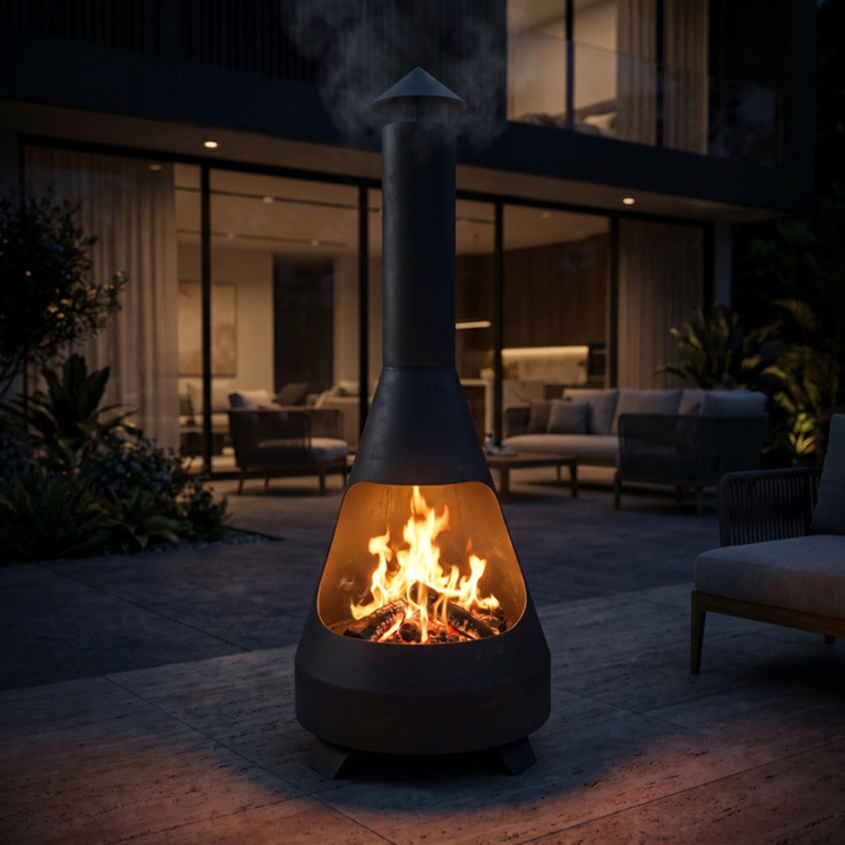 Caminetto da esterno Falcon in acciaio con comignolo 118 cm, braciere a legna grande e stabile, stufa outdoor resistente fino a 800°C, design moderno elegante, ideale per giardino terrazzo patio e veranda