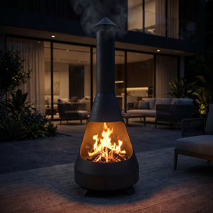 Caminetto da esterno Falcon in acciaio con comignolo 118 cm, braciere a legna grande e stabile, stufa outdoor resistente fino a 800°C, design moderno elegante, ideale per giardino terrazzo patio e veranda