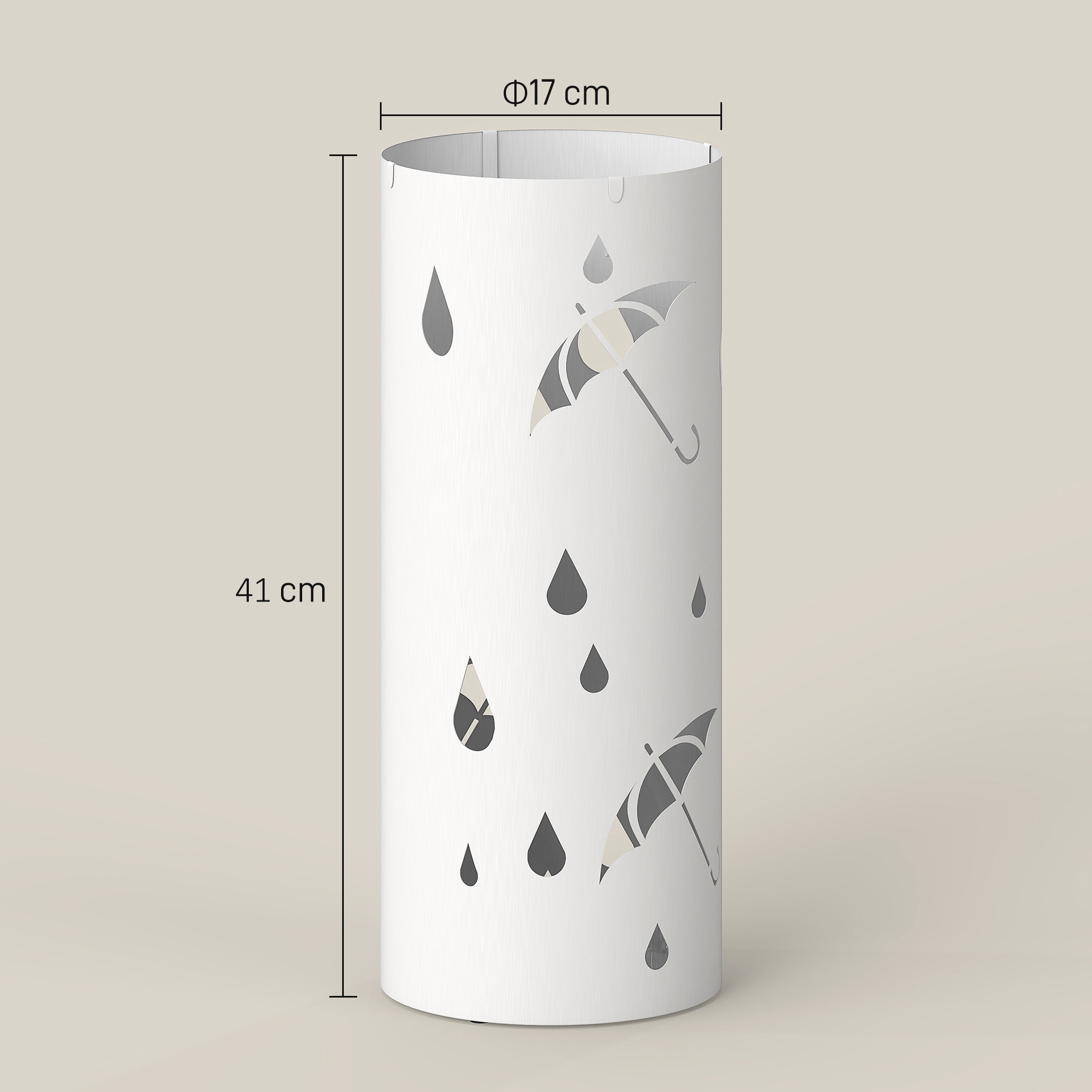 Porte-parapluie design - support parapluie H.41cm - 4 crochets, bac à eau - acier blanc