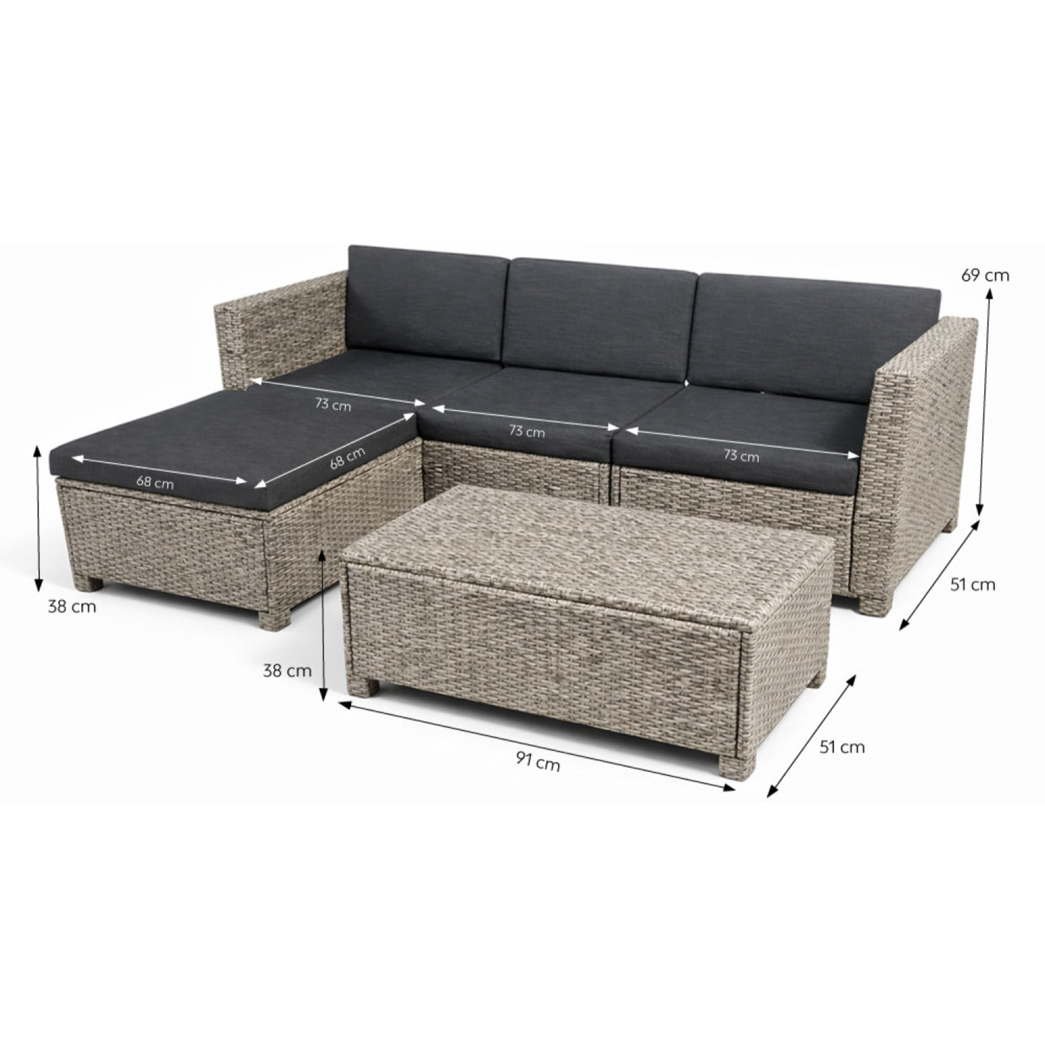 MILLY Salon de jardin 4 places en résine tressée gris et noir