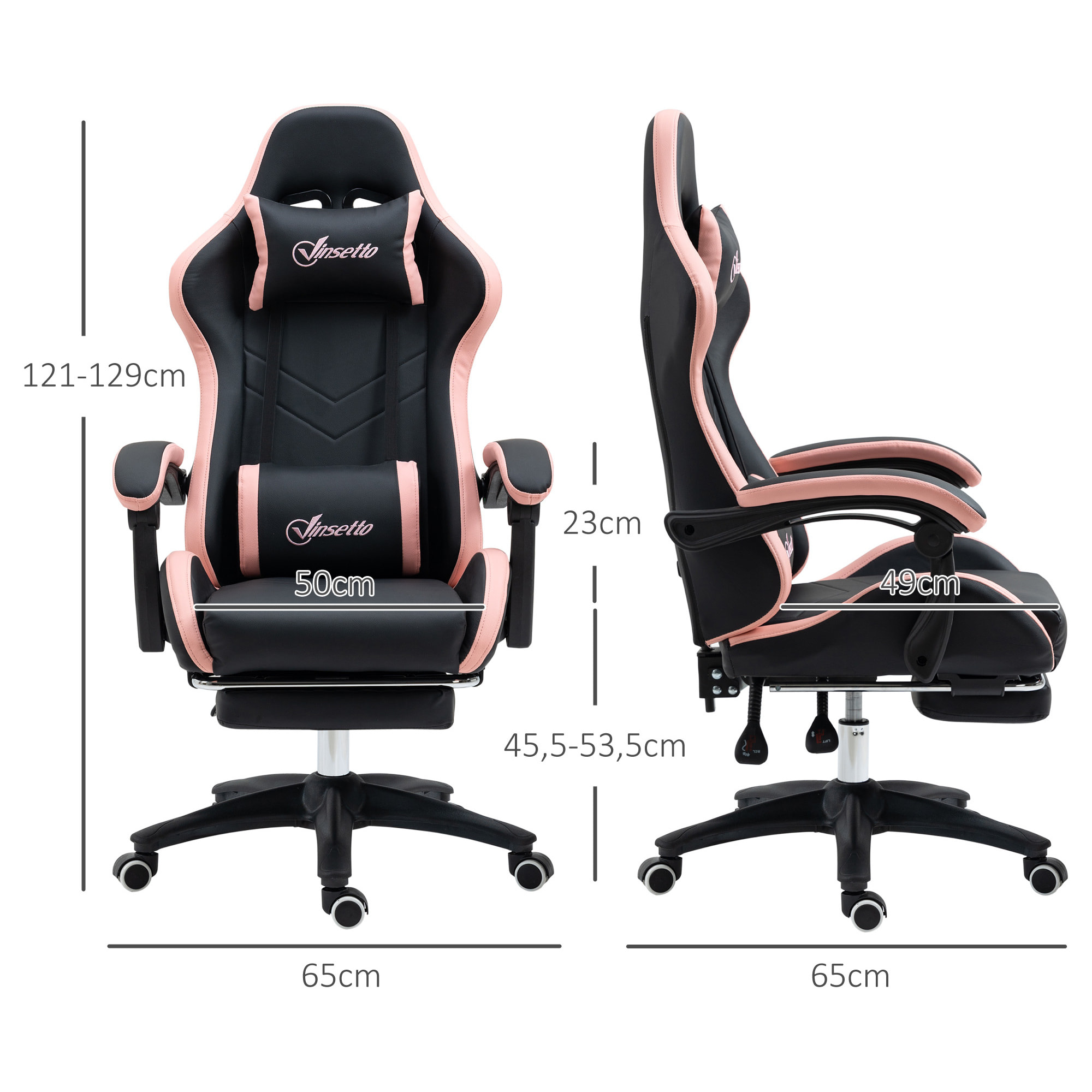 Silla Gaming Silla Gamer Racing de Cuero PU con Altura Ajustable Reclinable 135° Reposacabezas y Reposapiés Retráctil para Oficina Estudio 65x65x121-129 cm Negro