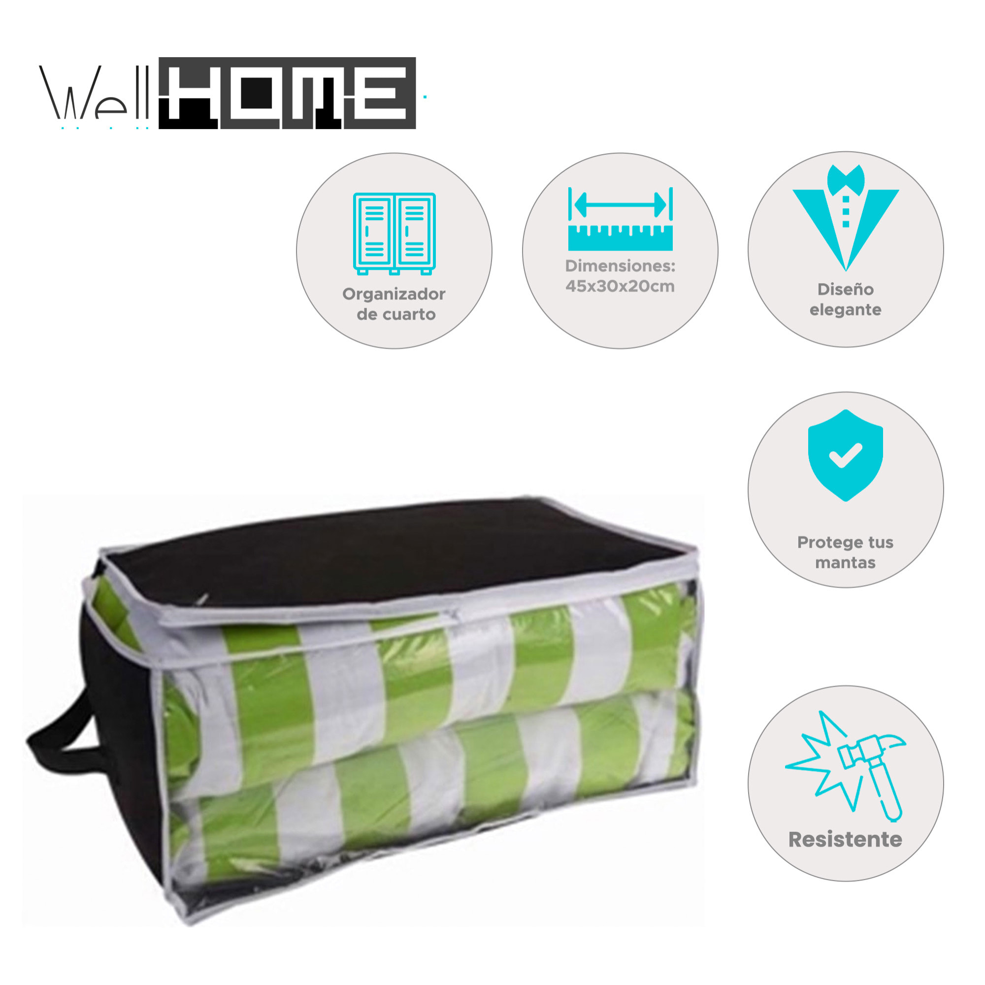 Well home bolsa de almacenamiento transparente 45x30x20cm color negro con ribetes blancos