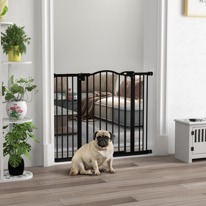 Barrera de Seguridad para Perros Extensible 74-100 cm, para Puertas y Escaleras, Barrera para Perros con 2 Extensiones 7/14 cm, Montaje a Presión y Doble Bloqueo, Negro