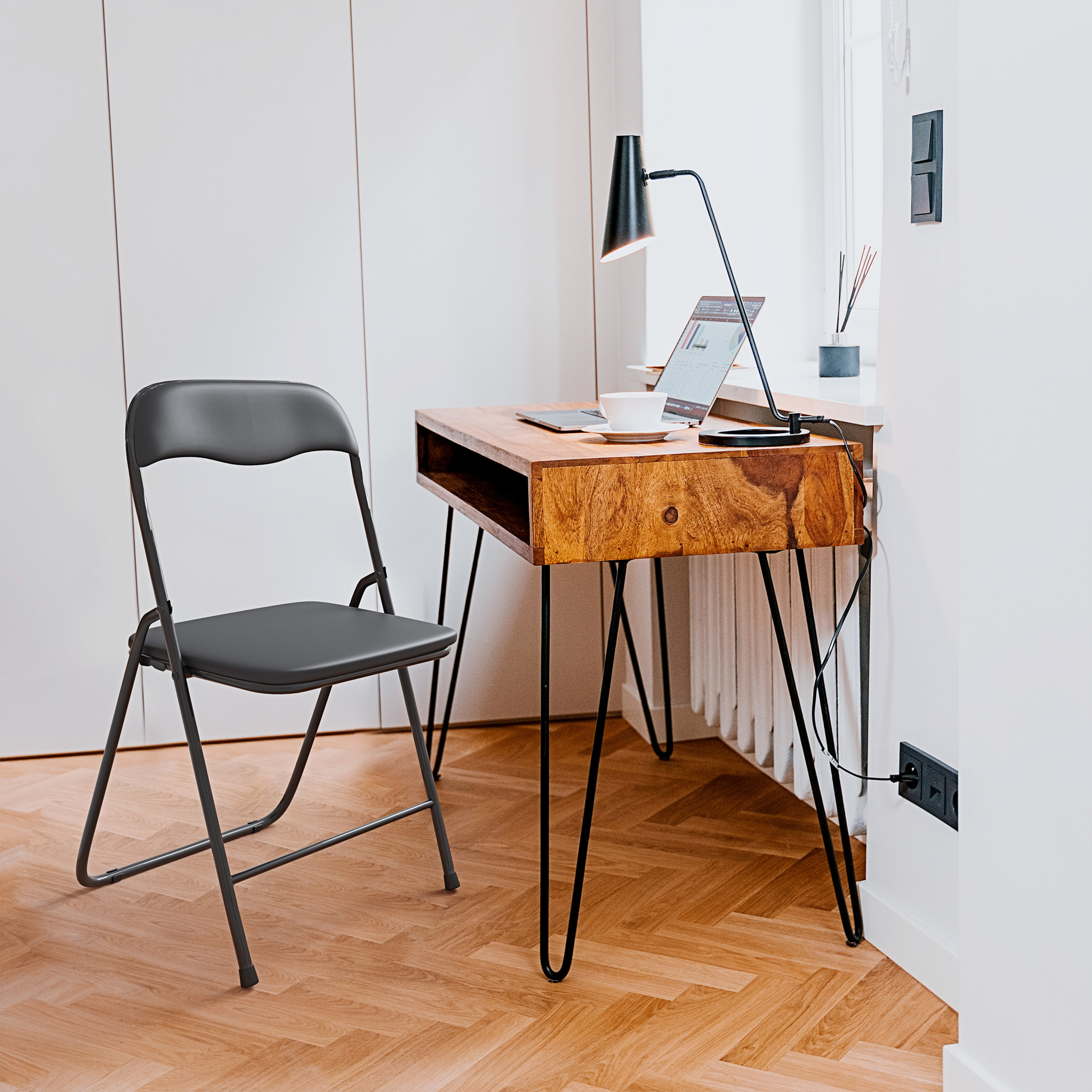 Set 6 Sedia Pieghevole Slim Opaca Metallo Sedie Salvaspazio Ufficio Casa Campeggio Salotto Cucina Ecopelle Comoda Seduta Imbottita 78x44x44 cm Nero