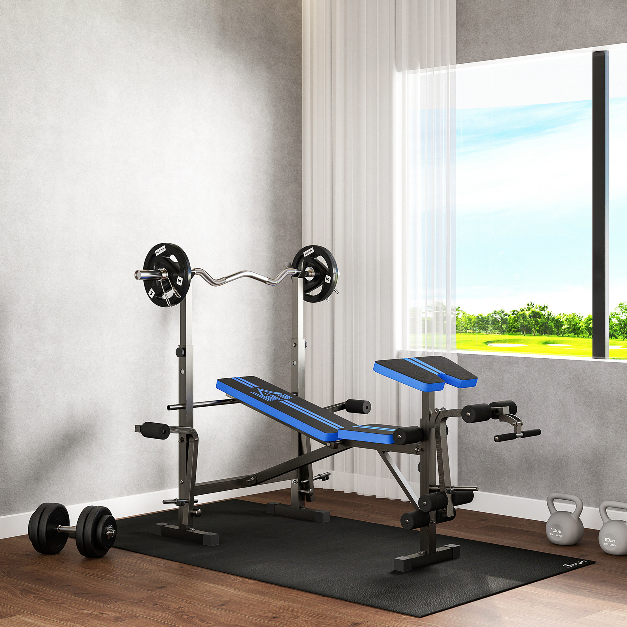 Banco de Musculación Multifuncional, Banco de Pesas con Respaldo Ajustable, Soporte para Barras Regulable, Extensión de Piernas, Curl de Predicador, Mariposa, Entrenamiento Casa Gimnasio, Azul
