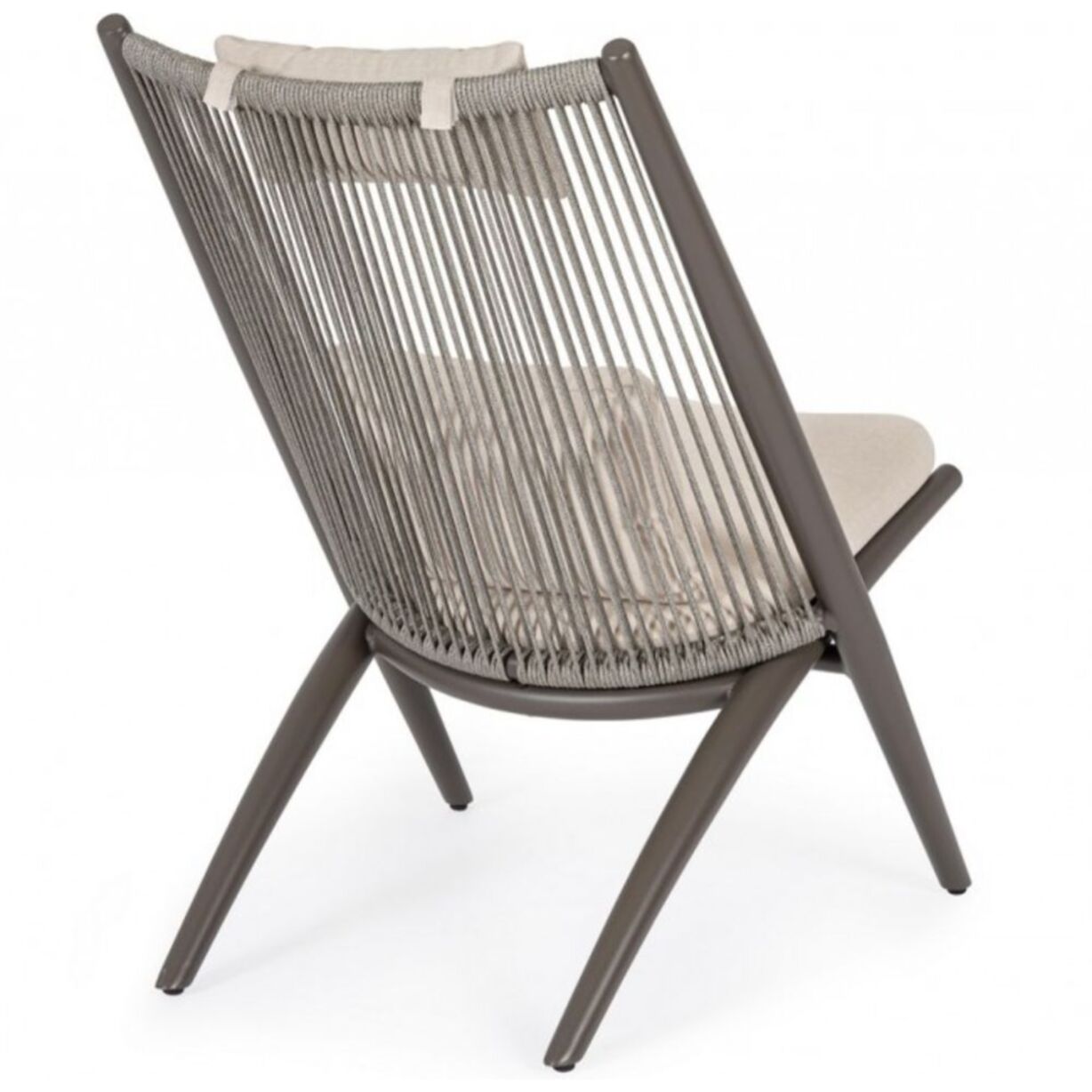 Set di 4 poltrone ALOHA in alluminio marrone e intreccio di corda marrone, con cuscini