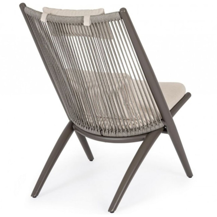 Set di 4 poltrone ALOHA in alluminio marrone e intreccio di corda marrone, con cuscini