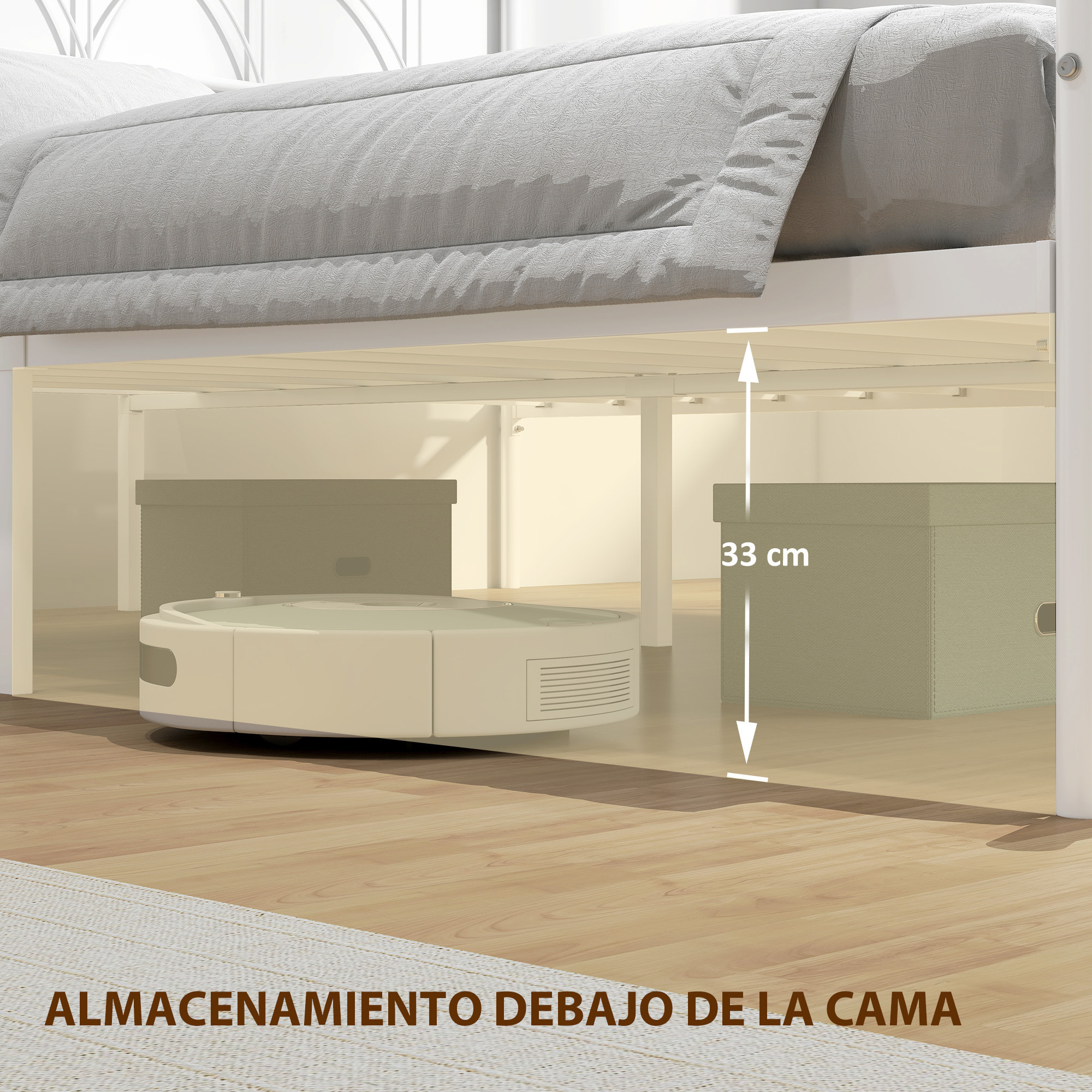 Cama Matrimonio, 140x190 cm, Estructura de Cama de Acero con Cabecero, Soporte de Listones de Acero, Espacio de Almacenamiento Debajo, Blanco