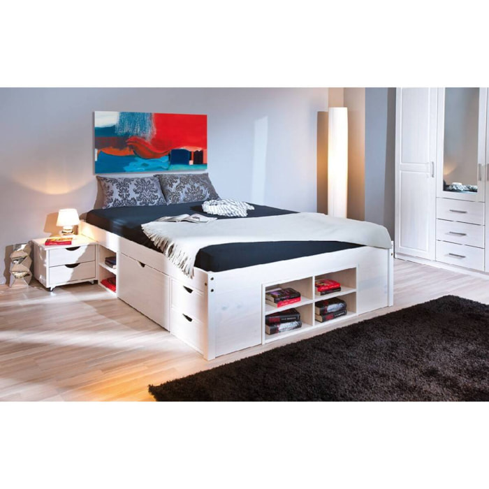 Letto matrimoniale con vani contenitore e comodino inclusi con ruote, 166.5 x 209 x 47.5, Bianco