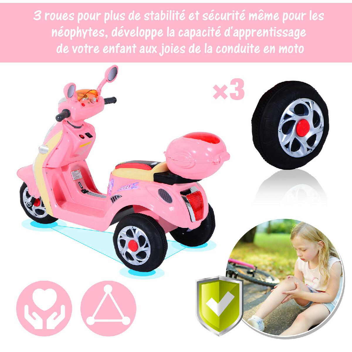 Moto scooter électrique pour enfants 6 V env. 3 Km/h 3 roues et topcase effet lumineux et sonore rose