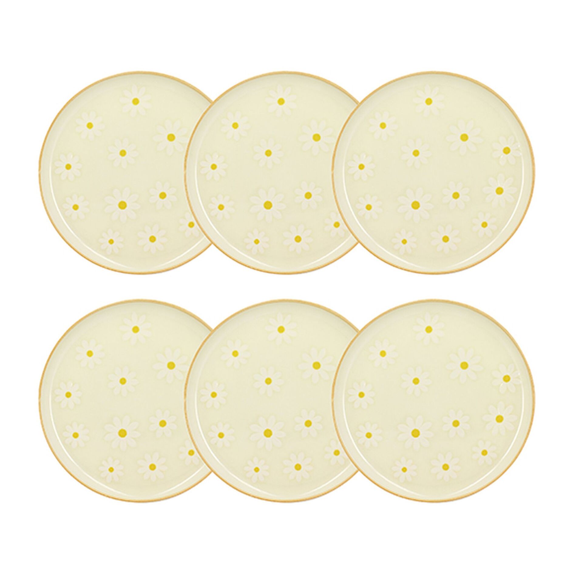 Lot de 6 assiettes plates 26cm en grès beige à motif marguerite MARGUERITE