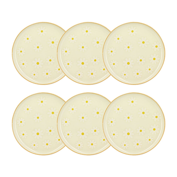 Lot de 6 assiettes plates 26cm en grès beige à motif marguerite MARGUERITE