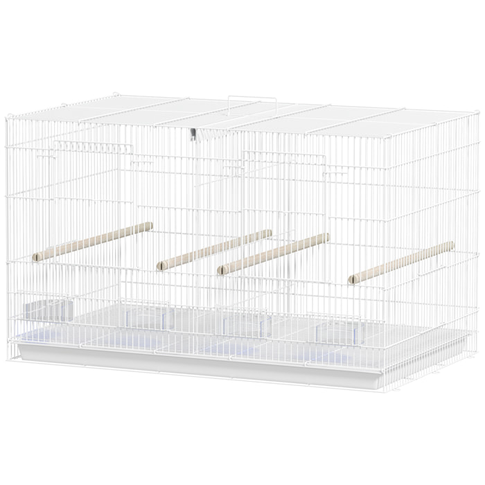 Cage à oiseaux volière acier avec séparateur - 4 perchoirs, mangeoires, portes, trappes, plateau déjection - blanc