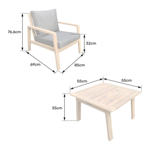 Salon de jardin en acacia 2 places GILI - coussins gris