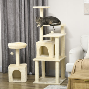 Arbre à chat modulable - griffoirs, 2 niches, 4 plateformes, 2 boules suspendues - peluche douce beige