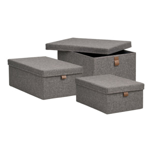 Set 3 scatole Noto in tessuto grigio scuro con coperchio e linguetta in ecopelle