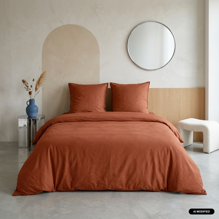 Parure de lit microfibre lavée 2 places terracotta LUNA