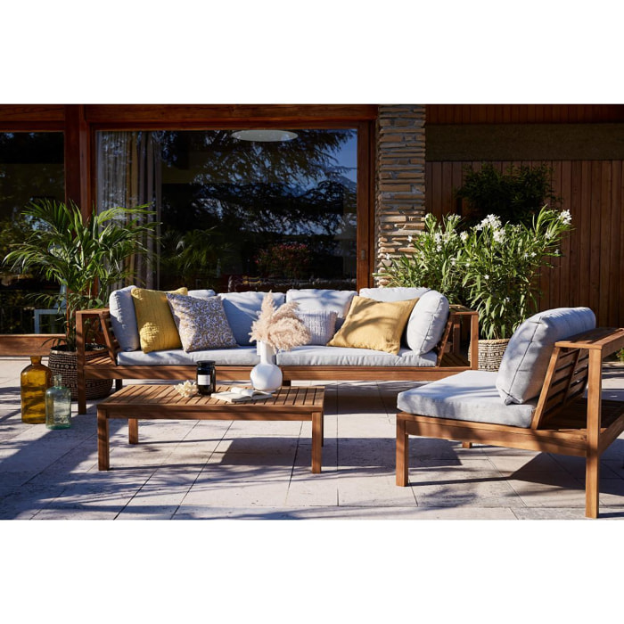 Salon de jardin d'angle 6 places en bois massif avec coussins déhoussables beige naturel BELIZE