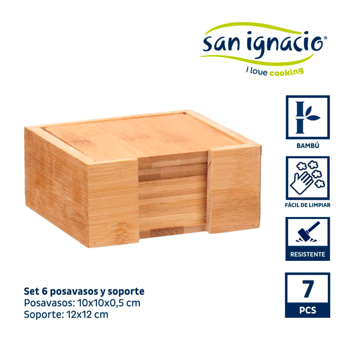 Set 6 posavasos bambu cuadrados soporte colección kinvara