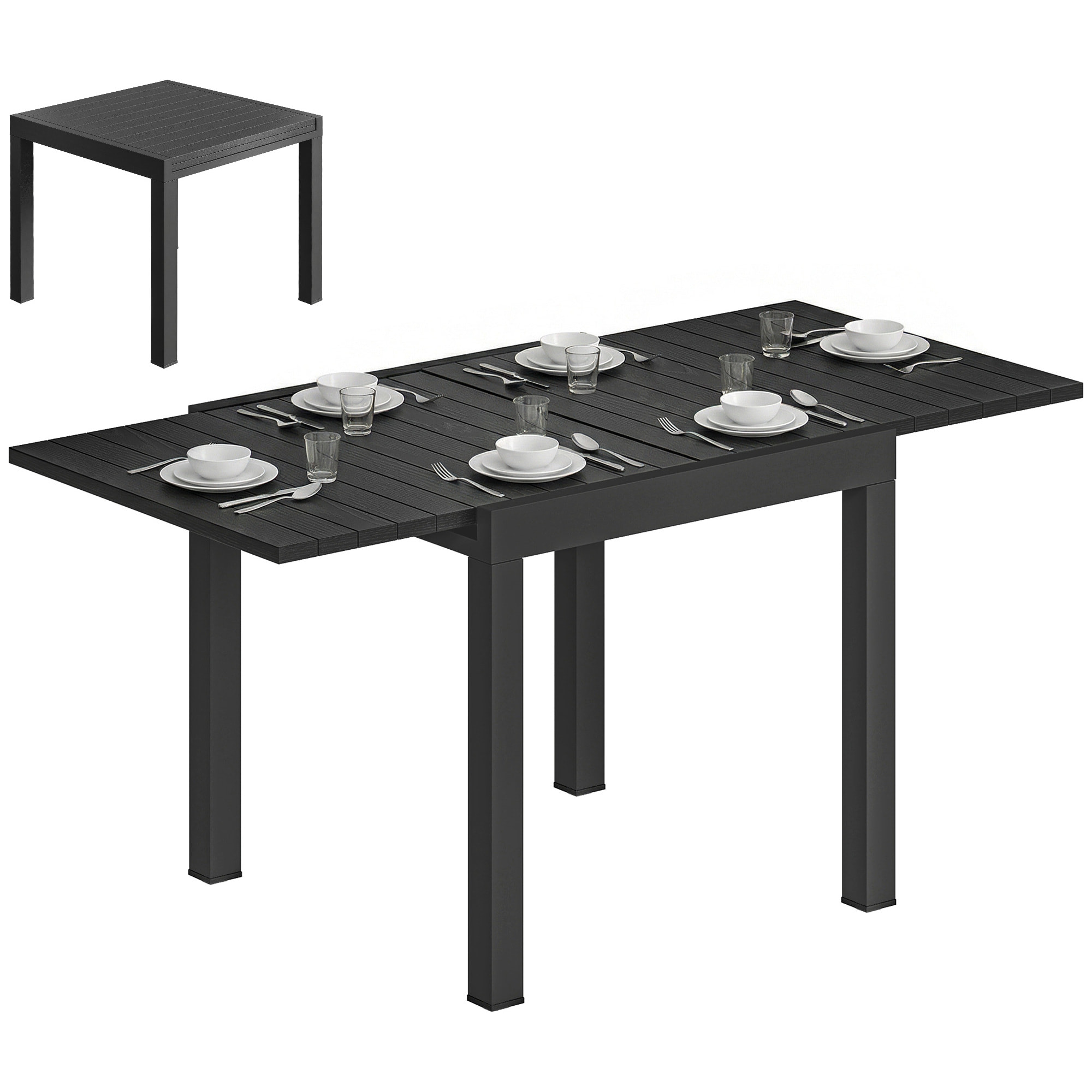 Mesa de Jardín Extensible 80/160x80 cm, Mesa de Comedor Exterior Extensible Rectangular de Aluminio, con Superficie de Lamas de Efecto Madera, para 4-6 Personas, para Patio, Terraza, Negro