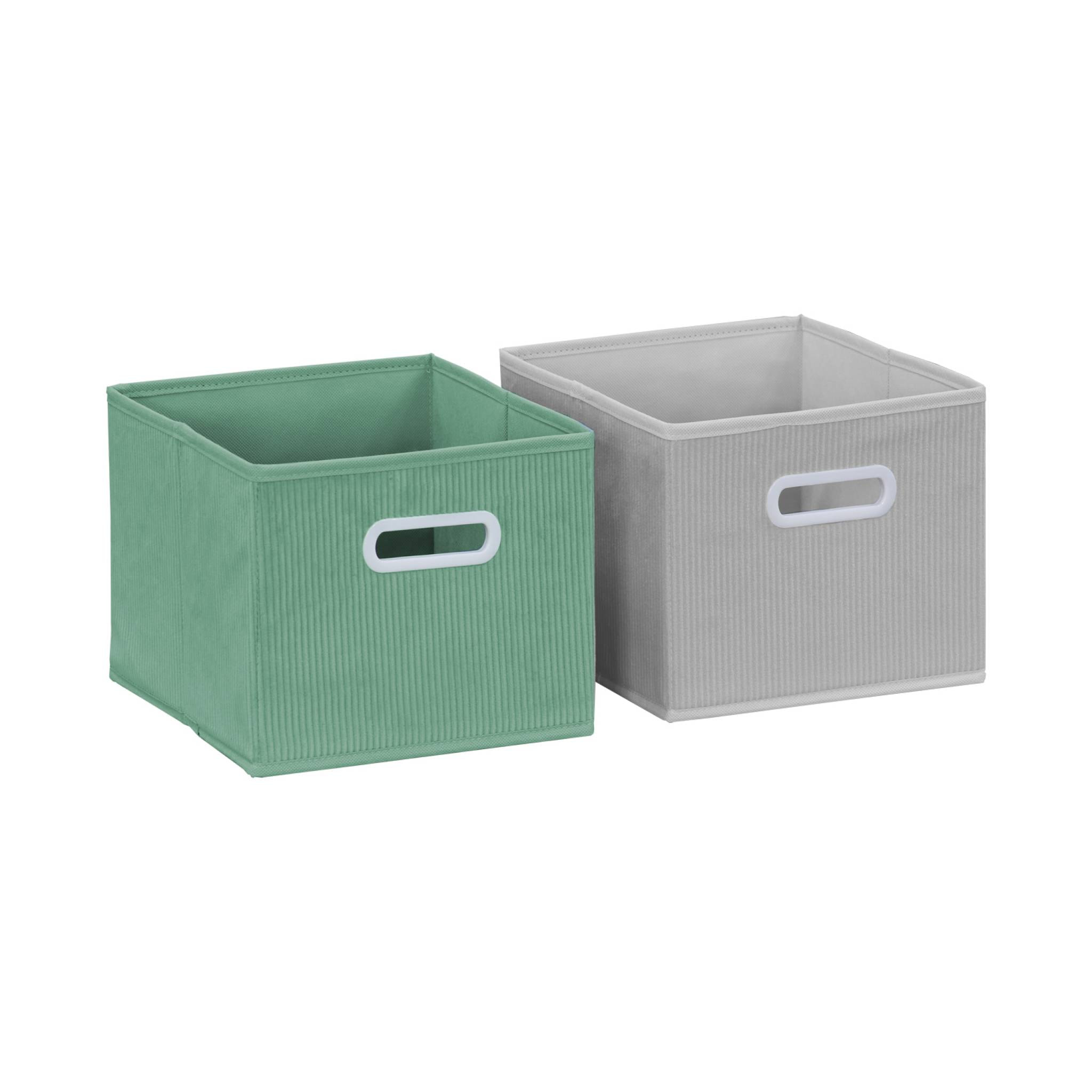 Meuble de rangement pour enfant avec 7 compartiments. 2 paniers verts et 2 paniers gris en velours