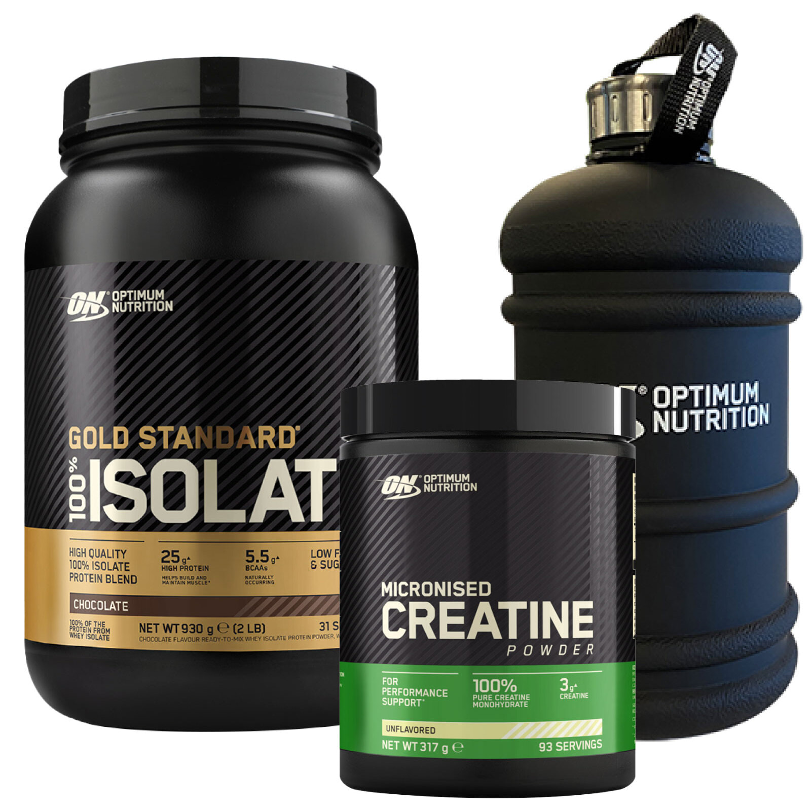 Proteine in Polvere Cioccolato 930g Gold Standard 100% Isolate con Aminoacidi + Creatina Monoidrato in Polvere Non Aromatizzata 317g Micronised Creatine + Borraccia Grande